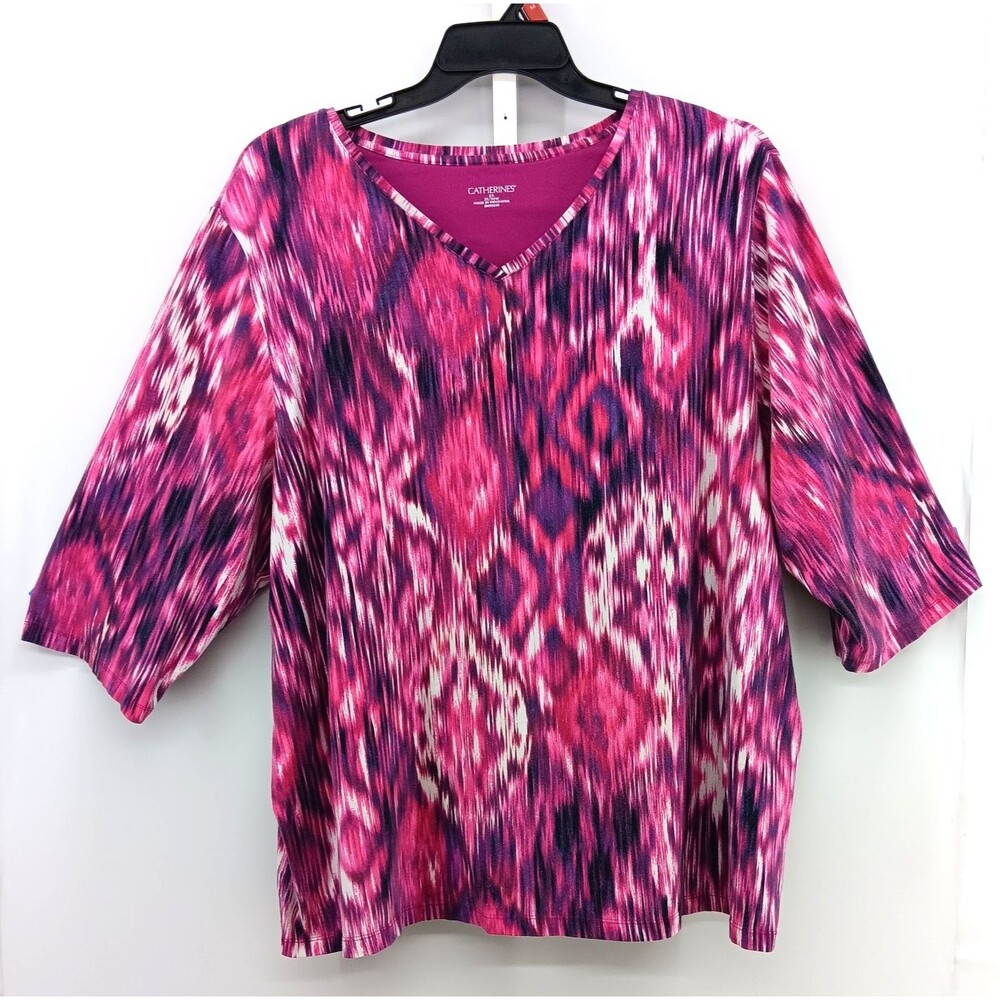 Catherines Shirt Women Plus Size 2X Purple Pink 3/4 Sleeve V Neck Pullover Top